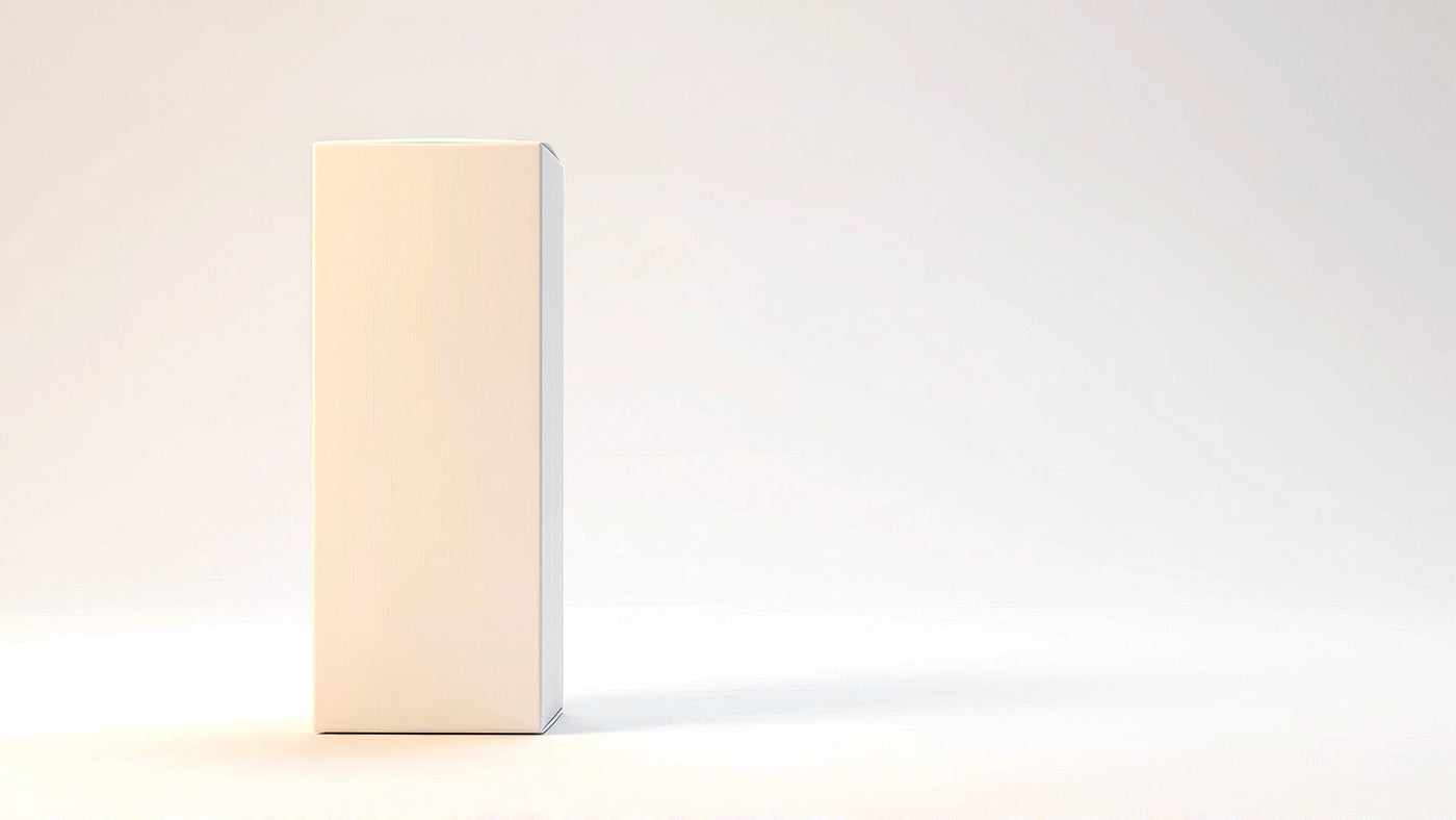 Wellua waitlist packaging mockup desktop, box on left third with cream-warm canvas right